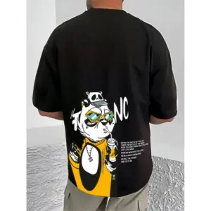 Men's Casual Cotton Blend Printed Round Neck Half Sleeve T-Shirt (Black)