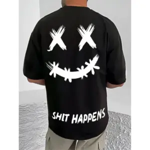 Men's Casual Cotton Blend Printed Round Neck Half Sleeve T-Shirt (Black)