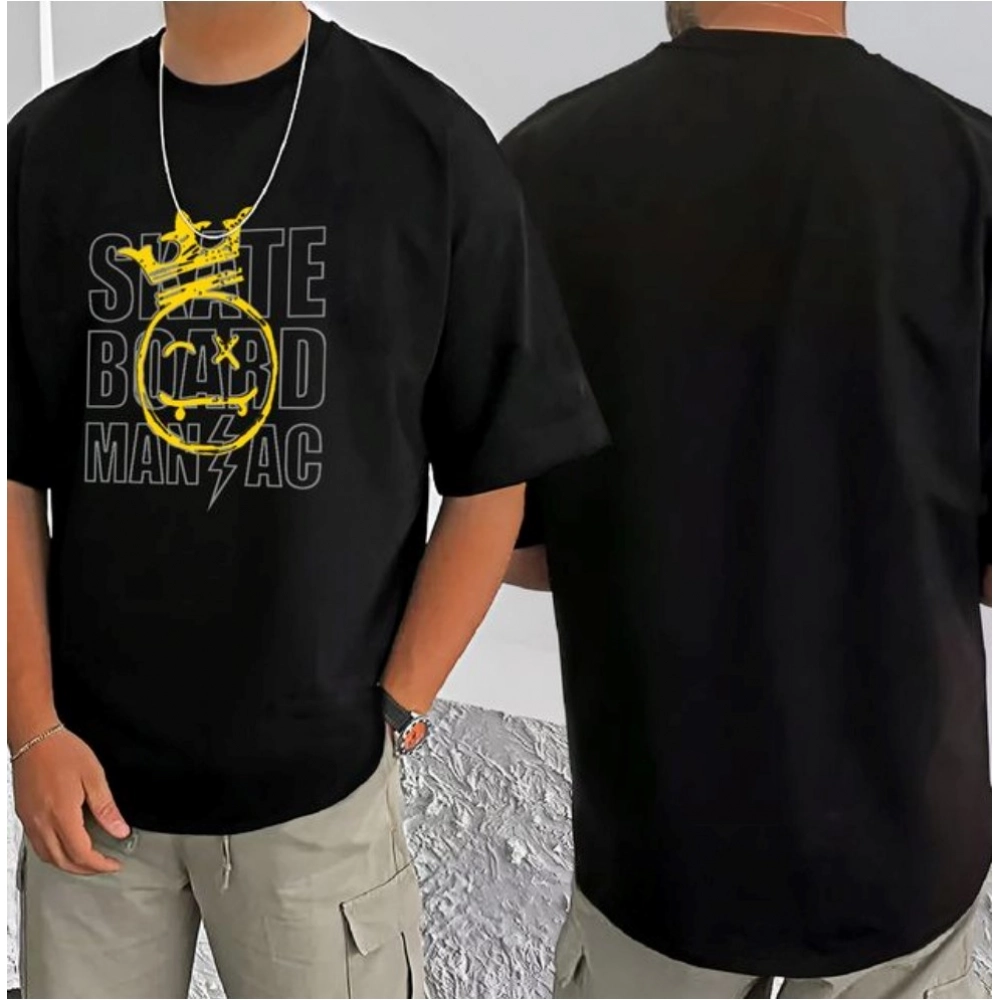 Men's Casual Cotton Blend Printed Round Neck Half Sleeve T-Shirt (Black) - Image 3