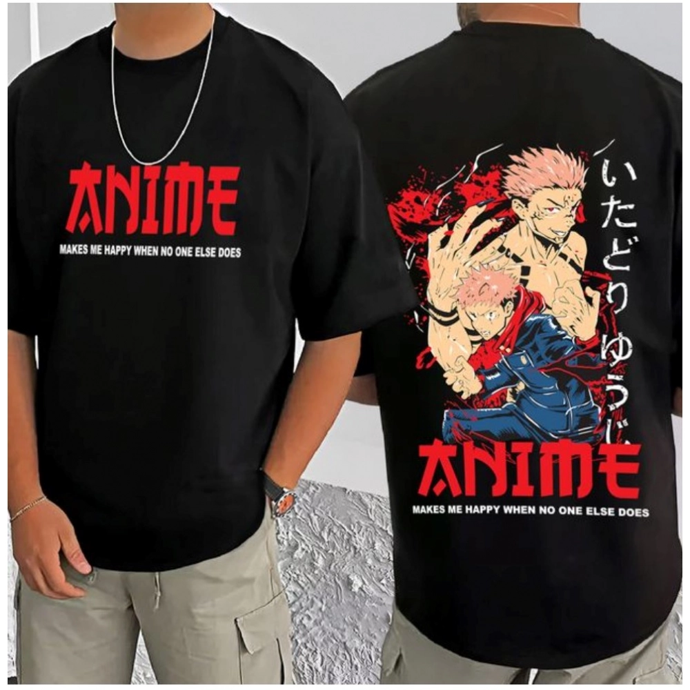 Men's Casual Cotton Blend Printed Round Neck Half Sleeve T-Shirt (Black) - Image 3