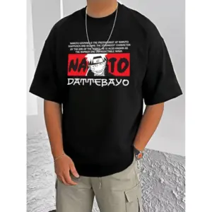 Men's Casual Cotton Blend Printed Round Neck Half Sleeve T-Shirt (Black)