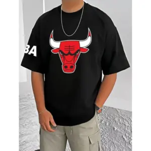 Men's Casual Cotton Blend Printed Round Neck Half Sleeve T-Shirt (Black)