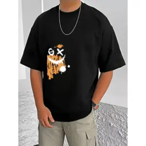 Men's Casual Cotton Blend Printed Round Neck Half Sleeve T-Shirt (Black)