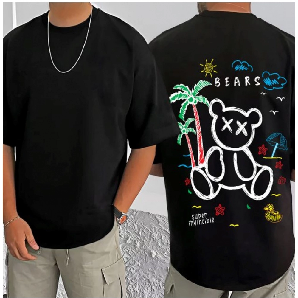 Men's Casual Cotton Blend Printed Round Neck Half Sleeve T-Shirt (Black) - Image 3