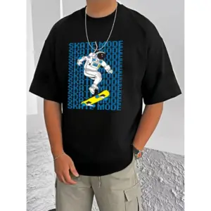 Men's Casual Cotton Blend Printed Round Neck Half Sleeve T-Shirt (Black)