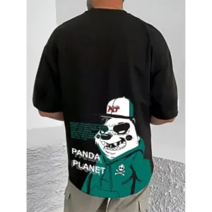 Men's Casual Cotton Blend Printed Round Neck Half Sleeve T-Shirt (Black)