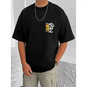 Men's Casual Cotton Blend Printed Round Neck Half Sleeve T-Shirt (Black)