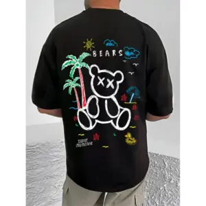 Men's Casual Cotton Blend Printed Round Neck Half Sleeve T-Shirt (Black)