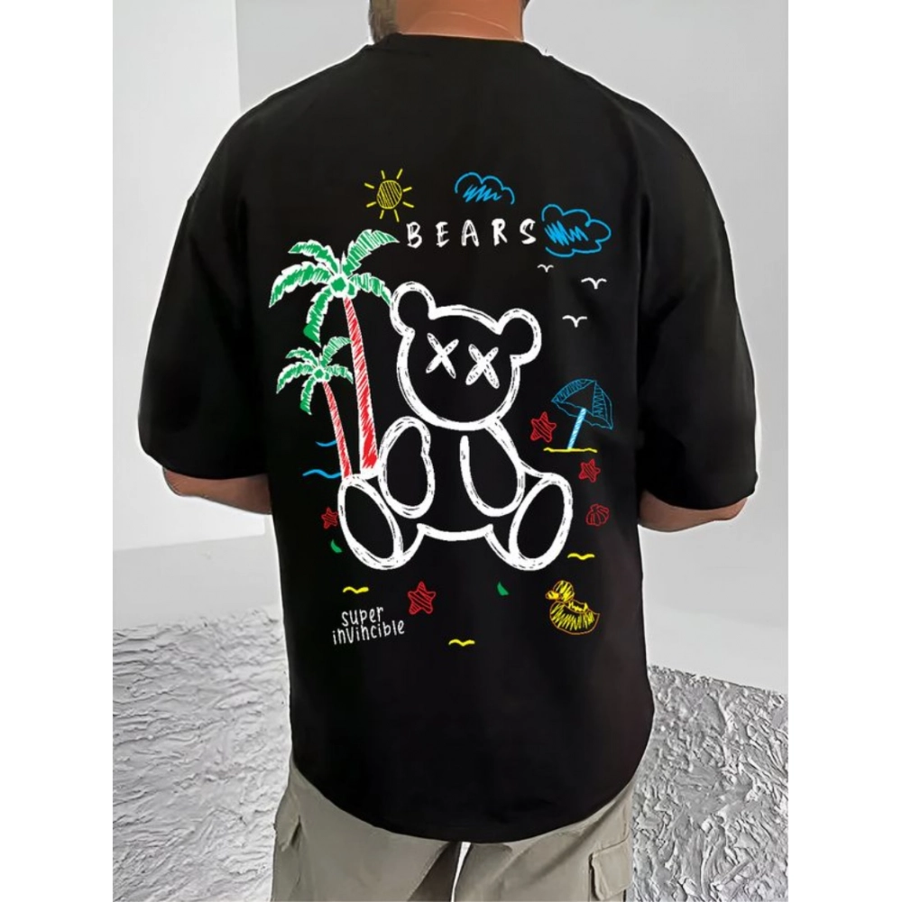 Men's Casual Cotton Blend Printed Round Neck Half Sleeve T-Shirt (Black)