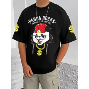 Men's Casual Cotton Blend Printed Round Neck Half Sleeve T-Shirt (Black)