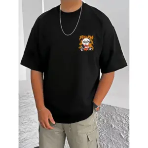 Men's Casual Cotton Blend Printed Round Neck Half Sleeve T-Shirt (Black)