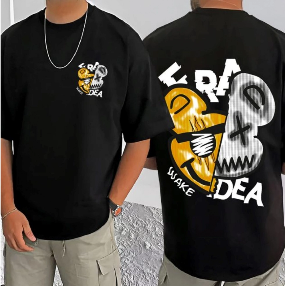 Men's Casual Cotton Blend Printed Round Neck Half Sleeve T-Shirt (Black) - Image 3