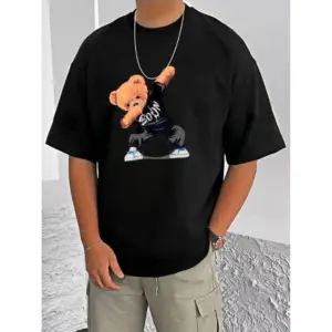 Men's Casual Cotton Blend Printed Round Neck Half Sleeve T-Shirt (Black)