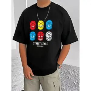 Men's Casual Cotton Blend Printed Round Neck Half Sleeve T-Shirt (Black)