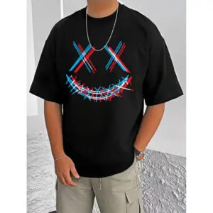 Men's Casual Cotton Blend Printed Round Neck Half Sleeve T-Shirt (Black)