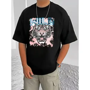 Men's Casual Cotton Blend Printed Round Neck Half Sleeve T-Shirt (Black)