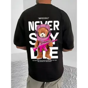 Men's Casual Cotton Blend Printed Round Neck Half Sleeve T-Shirt (Black)