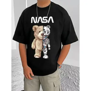 Men's Casual Cotton Blend Printed Round Neck Half Sleeve T-Shirt (Black)