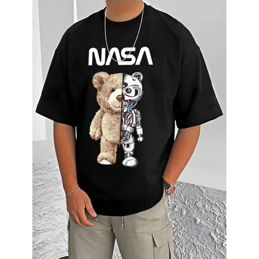 Men's Casual Cotton Blend Printed Round Neck Half Sleeve T-Shirt (Black)