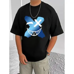 Men's Casual Cotton Blend Printed Round Neck Half Sleeve T-Shirt (Black)