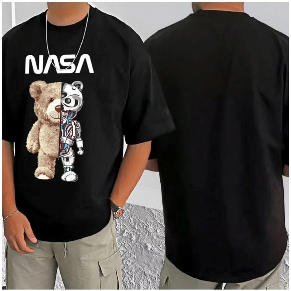 Men's Casual Cotton Blend Printed Round Neck Half Sleeve T-Shirt (Black) - Image 3