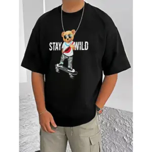 Men's Casual Cotton Blend Printed Round Neck Half Sleeve T-Shirt (Black)