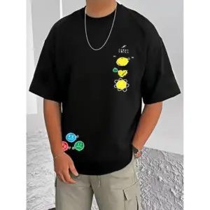 Men's Casual Cotton Blend Printed Round Neck Half Sleeve T-Shirt (Black)