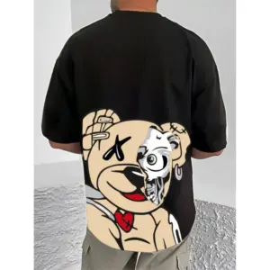 Men's Casual Cotton Blend Printed Round Neck Half Sleeve T-Shirt (Black)