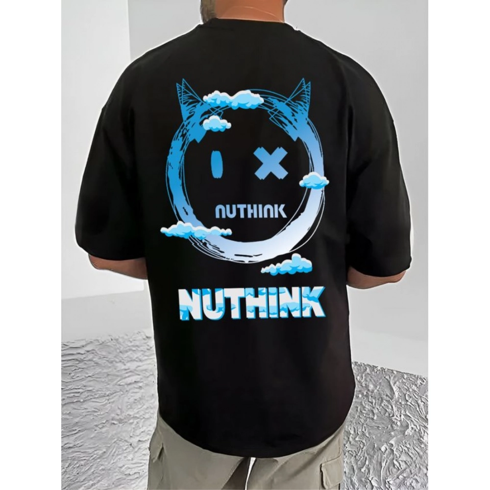 Men's Casual Cotton Blend Printed Round Neck Half Sleeve T-Shirt (Black)