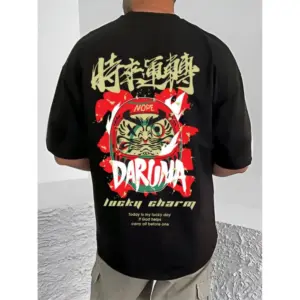 Men's Casual Cotton Blend Printed Round Neck Half Sleeve T-Shirt (Black)