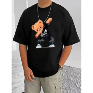 Men's Casual Cotton Blend Printed Round Neck Half Sleeve T-Shirt (Black)