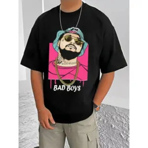 Men's Casual Cotton Blend Printed Round Neck Half Sleeve T-Shirt (Black)