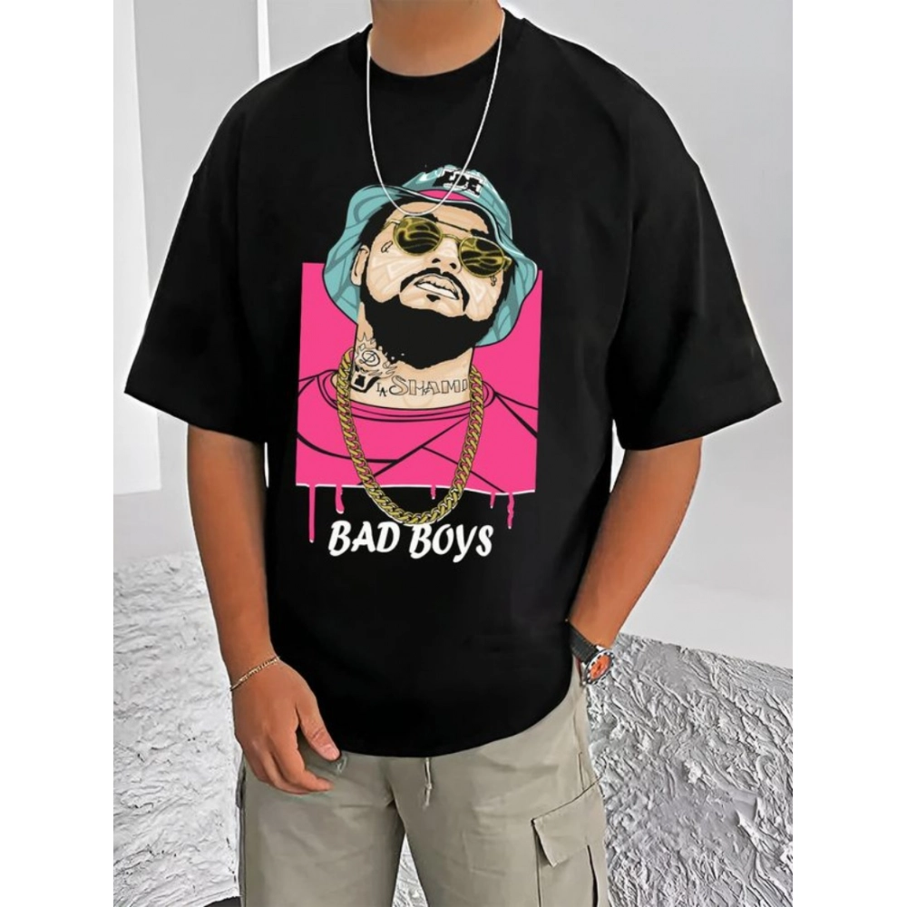 Men's Casual Cotton Blend Printed Round Neck Half Sleeve T-Shirt (Black)