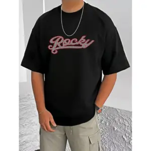 Men's Casual Cotton Blend Printed Round Neck Half Sleeve T-Shirt (Black)