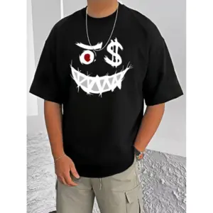 Men's Casual Cotton Blend Printed Round Neck Half Sleeve T-Shirt (Black)