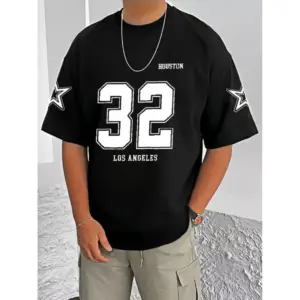 Men's Casual Cotton Blend Printed Round Neck Half Sleeve T-Shirt (Black)