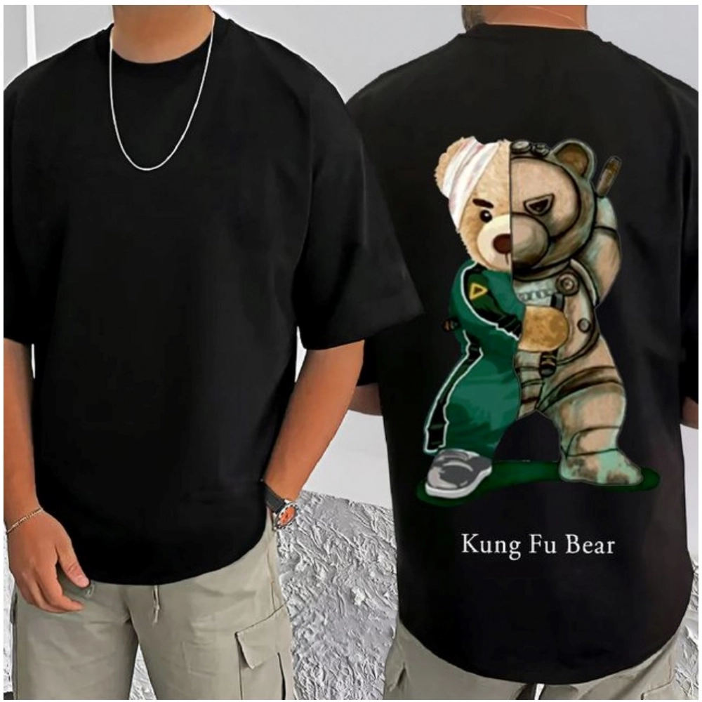 Men's Casual Cotton Blend Printed Round Neck Half Sleeve T-Shirt (Black) - Image 3