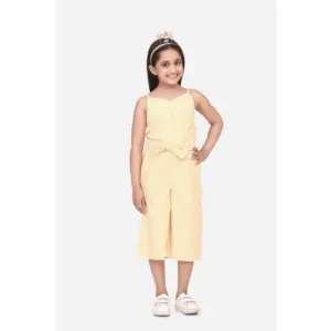 Girl's Polyester Cotton Blend Striped Sleeveless Round Neck Dress (Yellow)