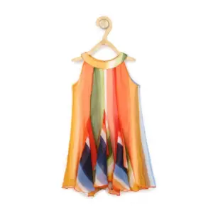 Girl's Chiffon Graphic Sleeveless Round Neck Dress (Orange)