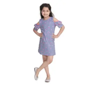 Girl's Cotton Striped Cold Shoulder Round Neck Dress (Blue)