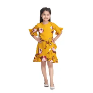 Girl's Polyester Crepe Floral Printed Cold Shoulder Round Neck Dress (Mustard)