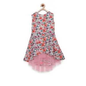 Girl's Polyester Crepe Printed Sleeveless Round Neck Dress (Multicolor)