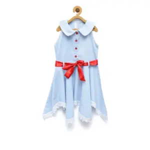 Girl's Denim Lace Solid Sleeveless Shirt collar Dress (Light Blue)