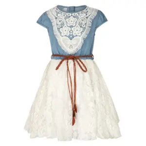 Girl's Denim Embroidery Short Sleeve Round Neck Dress (White)