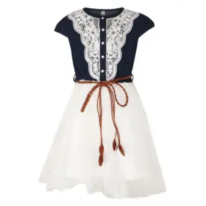 Girl's Denim Embroidery Short Sleeve Round Neck Dress (White)