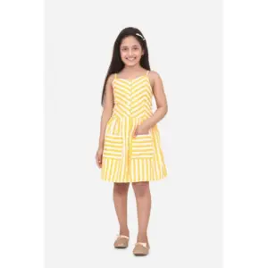Girl's Polyester Cotton Blend Striped Sleeveless Round Neck Dress (Yellow)