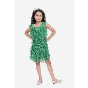 Girl's Chiffon Ruffled Sleeveless Round Neck Dress (Green)