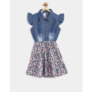 Girl's Denim-Cotton Striped Flutter Shirt Collar Dress (Multicolor)