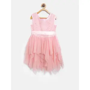Girl's Polyester  Net Embroidered Sleeveless Round Neck Dress (Peach)