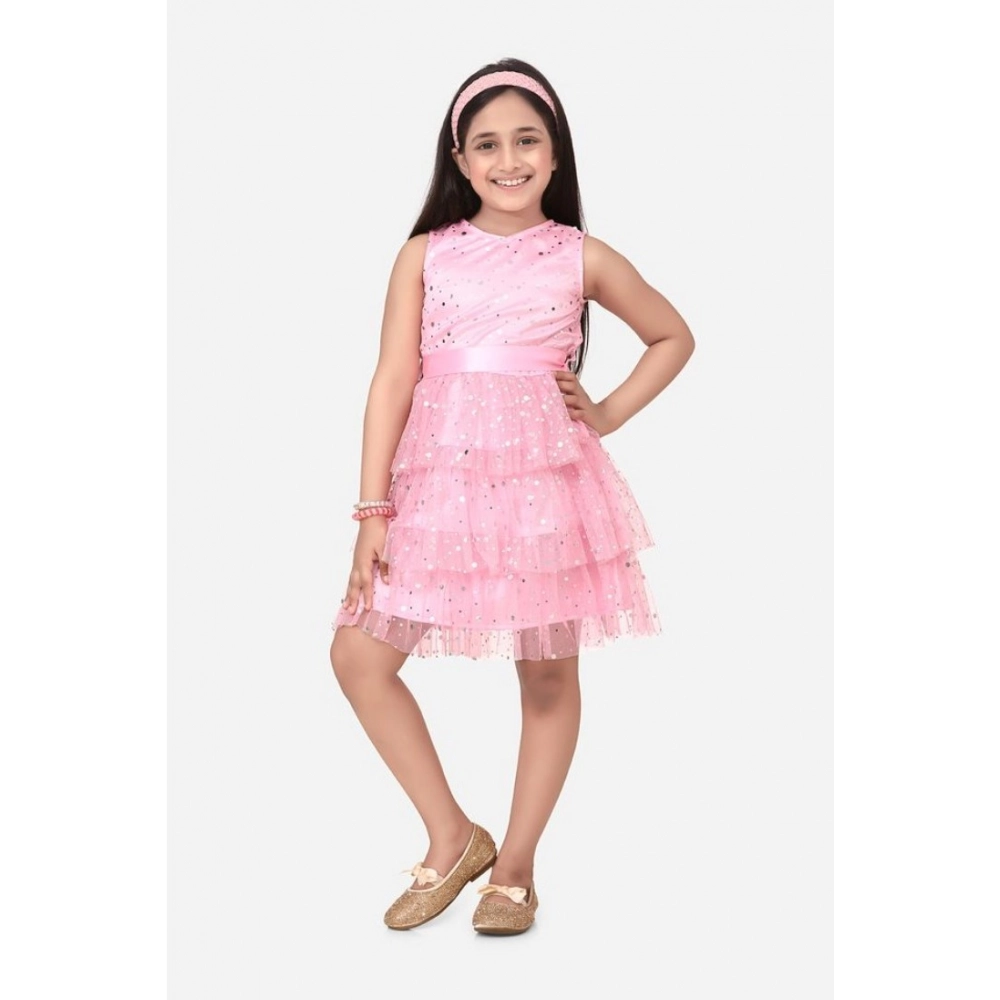 Girl's Net Embellished Sleeveless Round Neck Dress (Pink)